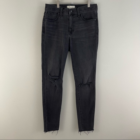 MADEWELL Black Dark Grey Distressed Hem Ripped Knees 9” High-Rise Skinny Jeans - Picture 2 of 11